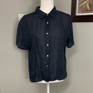 Edward Irish Linen Womens navy blue button down short sleeve blouse top Large